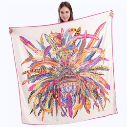 New Twill Silk Scarf Women Indian Feather Printing Square Scarves Fashion Wrap Female Foulard Large Hijab Shawl Neckerchief 130 13299U