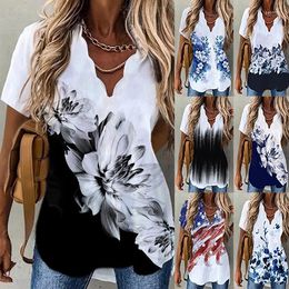 Women's T Shirts Fashion Elegant V-neck Shirt Printed Short Sleeve Slim Fit Black Blue Flower T-shirt Women