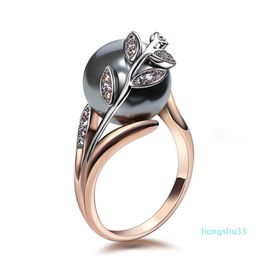 Trendy Rose Gold Colour ring Big Grey Pearl Women Leaf Trendy jewellery drop anel anillos aneis bagues femme statement jewe239a