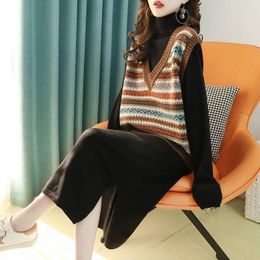Women's Vests Spring Autumn Loose Casual V-neck Patchwork Sweater Vest Women Sleeveless All-match Knitting Pullover Female Jumper Top U1350
