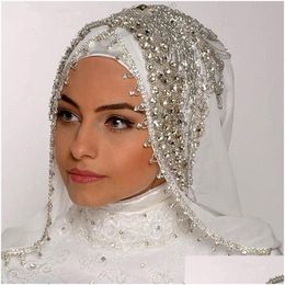 Hijabs Muslim Long Veils Hijab Luxury Beads Crystal Bridal One Layer Custom Made Fashion Accessories Velos De Novia Drop Delivery Hats Dho3A