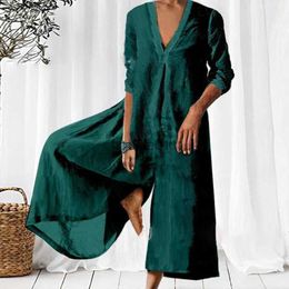 Women's Jumpsuits Rompers Women Cotton Linen Solid Loose Playsuit Overalls Casual 3/4 Sleeve Offcie Lady Rompers Spring Vintage V Neck Wide Leg Jumpsuits L230926