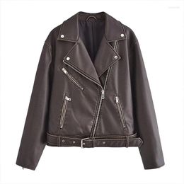 Women's Leather Winter Outwear 2023 Casual Fashion Classic Retro Washed Faux Biker Jacket Coat Zipper Belt Trim