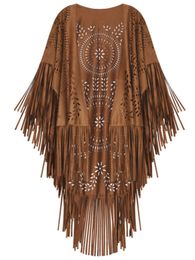 Scarves Camel Suede Floral Hollow Out Fringe Tassel Shawl Women Vintage Capes Ponchos Autumn Bohemian Cardigan Cloak Boho Capes 230922