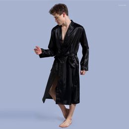 Men's Sleepwear Mens Silk Satin Loose Pyjamas Bath Robe Long Sleeve V-Neck Night Robes Bathrobe Pockets Solid Colour Nightgown Black