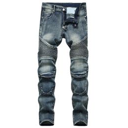 Men's Jeans Denim Designer MOTO BIKE Straight Motorcycle for Size 42 Autumn Spring Punk Rock Streetwear Riding Knee Guard Pants 230926