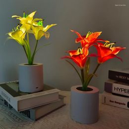 Night Lights LED Lily Light Simulation Flower Table Lamp Home Decoration Atmosphere Romantic Potted Gift For Office/Room/Bar/Cafe