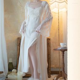 Women's Sleepwear Bathrobe Set Solid Lace Patchwork Sexy V Neck Ladies Nightgown Split Princess 2 Pieces Dressing Gown For Female