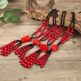 Pendant Necklaces South Korea Tourin Cinnabar Flower Necklace Lacquer Lady Folk Style Long Paragraph Sweater Chain