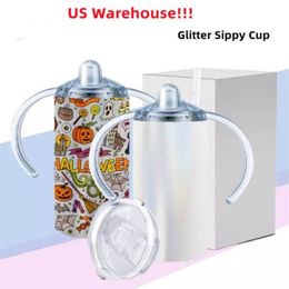 US Warehouse 12oz Sublimation Glitter sippy cup Glitter Straight Tumbler Sublimation baby cup kids tumbler Stainless Steel tumbler215R
