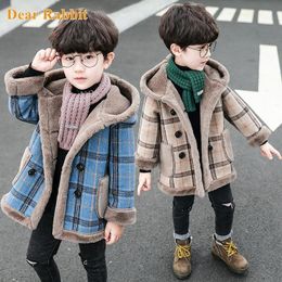Coat Children clothing Woolen Coats For Boy Autumn Winter Warm Plaid Jackets Long Hooded clothes Fleece Thick Outerwear Kids Overcoat 231024