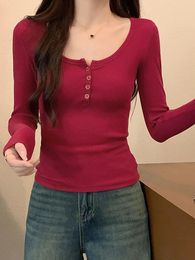 Women's T Shirts BOBOKATEER Fitted Solid Casual Basic T-Shirt Women Autumn Clothes 2023 Scoop Neck Buttons Long Sleeve Top Femme Ropa De