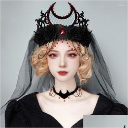 Hair Clips Barrettes Black Mesh Crown Tiara Headdress Death Demon Witch Headwear With Red Stone Halloween Vampire King Character Headb Dhe81