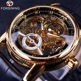 Forsining Hollow Engraving Skeleton Casual Designer Black Golden Case Gear Bezel Automatic Watches Men Luxury Brand Watches224U