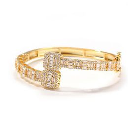 14K Gold Men Ladies Cubic Zirconia Diamond Baguette Square Bangle Bracelet Opening Size Hiphop Jewelry241Q