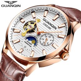 cwp GUANQIN 2021 watch Luminous clock men Automatic waterproof Mechanical leather rose gold skeleton business relogio masculino265a