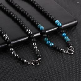 Choker Men Women Natural Tiger Eye Apatite Turquoises Beads Stand Necklace Matte Stone Stainless Steel Clasp Clavicle Chain Jewelry