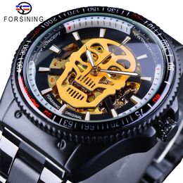 Forsining Steampunk Golden Luminous Skull Black Stainless Steel Skeleton Open Work Mens Automatic Watches Top Brand Clock262K