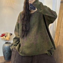 Women's Hoodies 23Women Knit Cotton Sweatshirts Autumn Winter Vintage Painted Hole Silver Velvet Warm Loose Female Tide Thick Pullovers