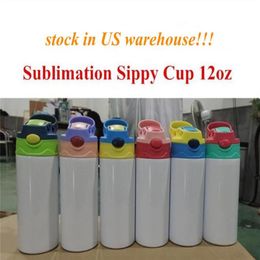 Local Warehouse sublimation straight sippy cup 12oz kids watter bottle flip tops lids tumbler stainless steel straw cups good qual2225
