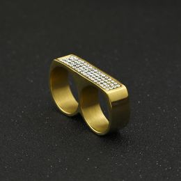 Men 18k Gold Plating Round Wedding Ring Retro Silver rhinestone Two Finger Double steel Size 6-153063