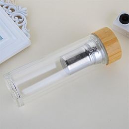 New 450ml Bamboo Lid Water Cups Double Walled Glass Tea Tumbler With Strainer And Infuser Basket Glass Water Bottles316f