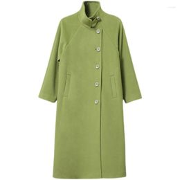 Women's Wool Retro Stand-collar Woolen Coat Women Green Stand Collar Single Breasted Winter Long Outwear