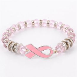 Breast Cancer Awareness Beads Bracelets Pink Ribbon Bracelet Glass Dome Cabochon Buttons Charms Jewelry Gifts For Girls Women302s