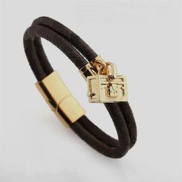 Europe America Fashion Lady Women Round Print Flower Double Deck Design Engraved V Letter Box Charm Leather Bracelet Bangle303d