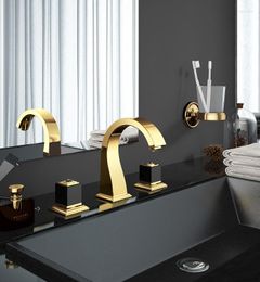 Bathroom Sink Faucets Gold Black Colour 8" WIDESPREAD 3Holes LAVATORY FAUCET Square Handles Knobs Deck Mounted