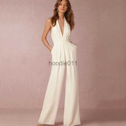 Women's Jumpsuits Rompers Jumpsuit Women 2022 Sexy Polyester White Backless Wide Leg Pants Clothing Sleeveless Elegant Female Summer Overalls Rompers L230926