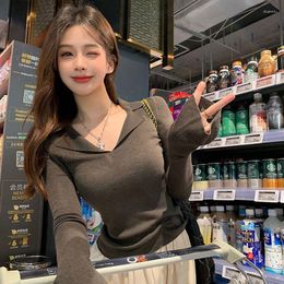 Women's T Shirts V-neck Sweater Women 2023 Autumn And Winter Korean Version Of Slimming Polo Long-sleeved Slim-fit Style Top