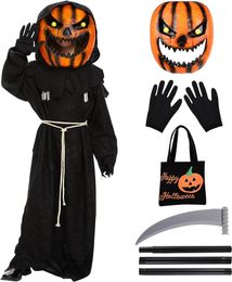 Halloween Pumpkin Grim Reaper Costume, Halloween Scary Phantom Costume with Pumpkin for Kids Grim Reaper Costume