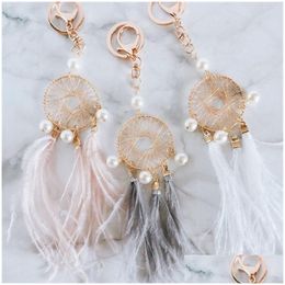 Key Rings Pearl Feather Chains Holder Dreamcatcher Pendants Car Keychain Keyrings For Girls Women Bag Hanging Fashion Charm Drop Deliv Dh9Ld