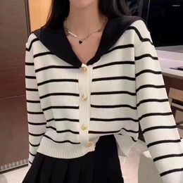 Women's Knits Navy Lapel College Knitted Cardigan Autumn Spring Preppy Style Short Striped Knitwear Sweater Coat Sailor Collar T03