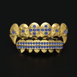 Grillz Dental Grills New Gold Plated Iced Out Blue Cz Rhinestone Hip Hop Teeth For Mouth Caps Top Bottom Grill Set Vampire Jewelry Dro Dhrbj