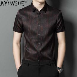 Men's Dress Shirts 90.8% Mulberry Real Silk Shirt Short Sleeved s Men's Clothing Striped Printed for Men Business Casual Tops Chemises YQ230926