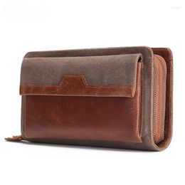 Wallets Men's Wallet Waterproof Oil Wax Cloth Zipper Money Clip Long Style Genuine Leather Bag Cow Multifunctional Purse