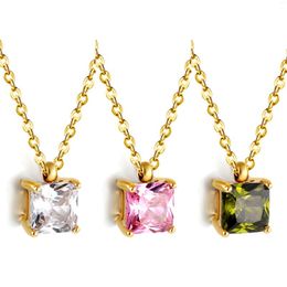 Pendant Necklaces 2023 Trendy Stainless Steel Link Chain Square Shape CZ Stone For Women Crystal Fashion Jewellery Pink Gift