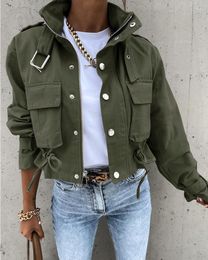 Women's Jackets Motorcycle Short Top Pocket Button Design Long Sleeve Cargo Biker Jacket Autumn Zipper Lace Up Fashion