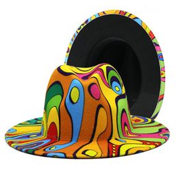 2021 Artificial Wool Vintage Graffiti Painted Fedora Winter Autumn Jazz Caps Print Tie Dye Pattern Colorful Wide Brim Fedora Hat250N