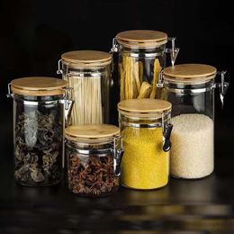 Stainless Clip Jar with Bamboo Lid, High Borocilicate Glass Canister, Sealed Food Storage Container, Kitchen Seasoning Can,Spaghetti Coffee Bean Grain Snack Spice