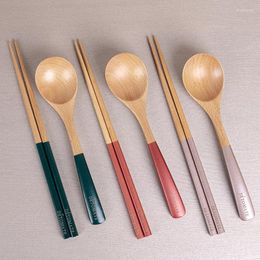 Dinnerware Sets Japanese-style Color Handle Spoon Chopsticks Tableware Set Beech Solid Wood Two-piece Creative Contrast Rice Small