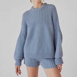 Womens Two Piece Pants Women Suits Fashion Sweater Outfits Autumn Winter Knitted Set Solid Colour Round Collar Long Sleeve Loose Casual Shorts 230925