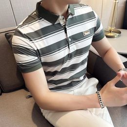 Men's Polos Summer Men Classic Striped Polo Mens Cotton Short-Sleeved Embroidered Business Casual Shirt Male S-4XL