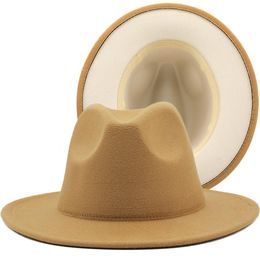 Whole Unisex Two Tone Floppy Flat Wide Brim Wool Felt Cowboy Dress Fedora Hats for Men Women Vintage Party Jazz Cap307S