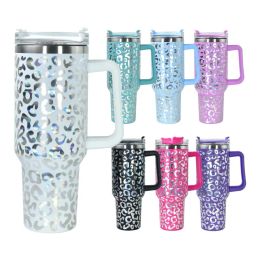 Latest 40oz Laser Holographic Leopard Tumbler Double Wall Stainless Steel Water Cup Car Mugs with Handle Wholesale 926