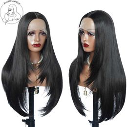 Synthetic Wigs Layered Wig Straight Cut Lace Black 99j Burgundy t Part s Preplucked with Baby Hair for Women Daily Cosplay 230227