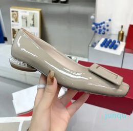 Women Casual Shoes FashionGenuine Leather Ballet Flats Buckle Crystal Low Heels Summer Design Shoes Square Toe Slip On Feetwear