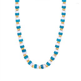 Choker ALLME Chic 18K Gold PVD Plated Titanium Steel Blue White Contrast Colour Natural Stone Resin Beaded Necklaces For Women